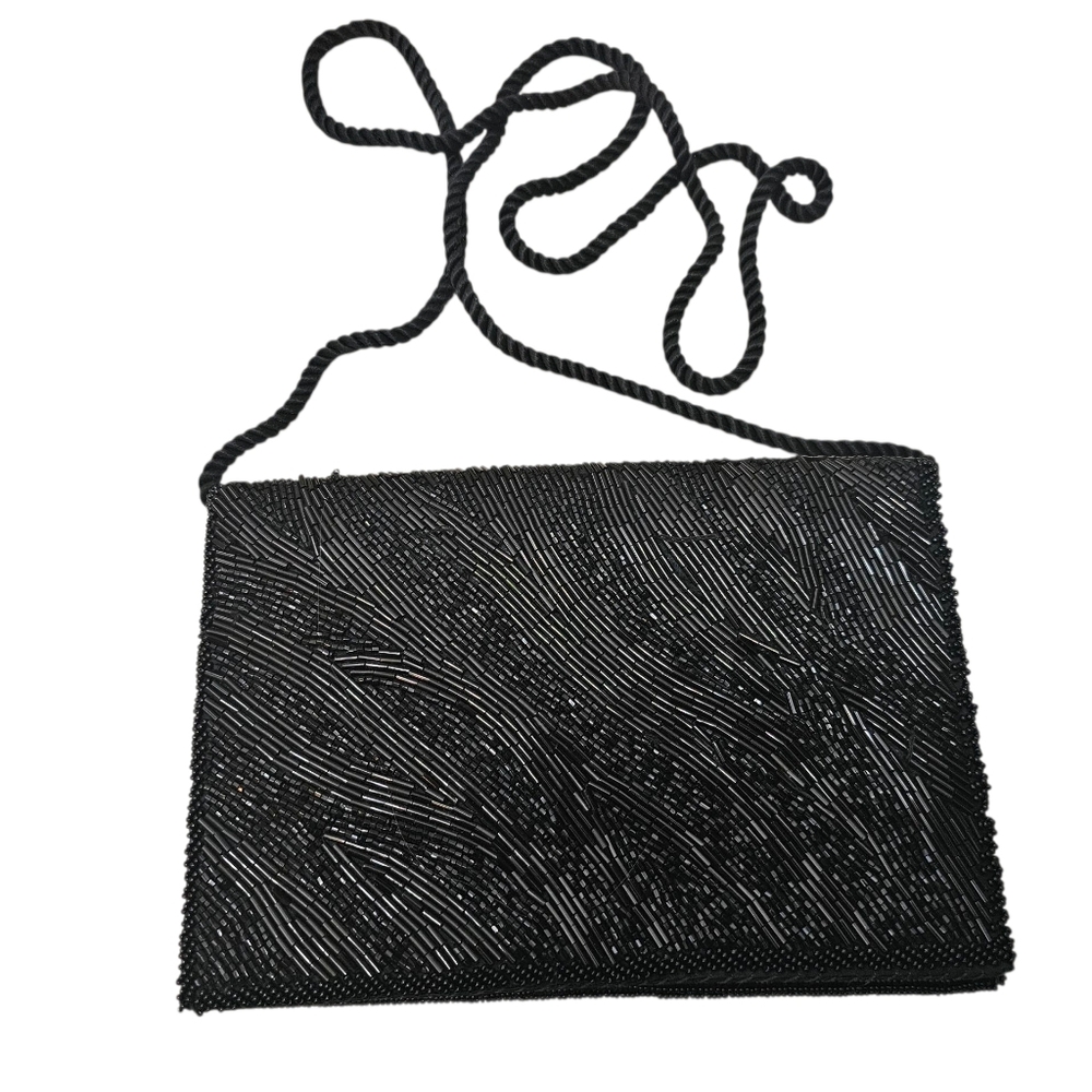 Vintage Black Beaded Evening Shoulder Bag Flap Snap Closure From Macau